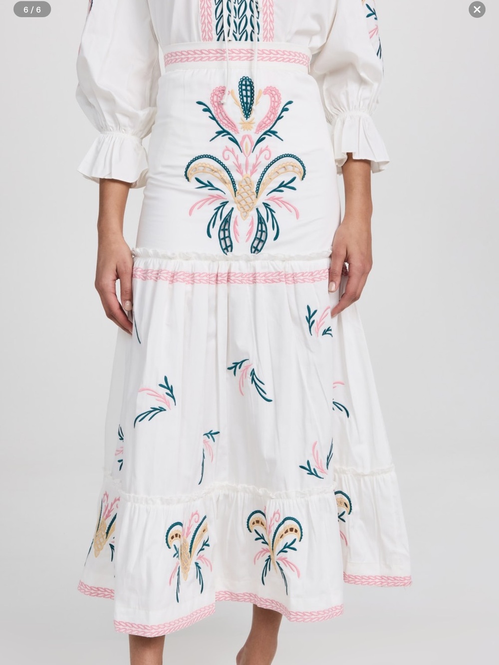 Lug von siga daphne Embroidered White Midi Skirt with Pink & Green Accents